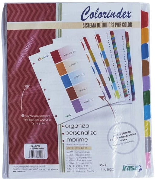 Separador Hojas p/Carpeta ColoríndexTap s/impresión c/10 Blanco colorTap Carta Irasa® IN-6202 [Bolsa de plástico] 7501249862150