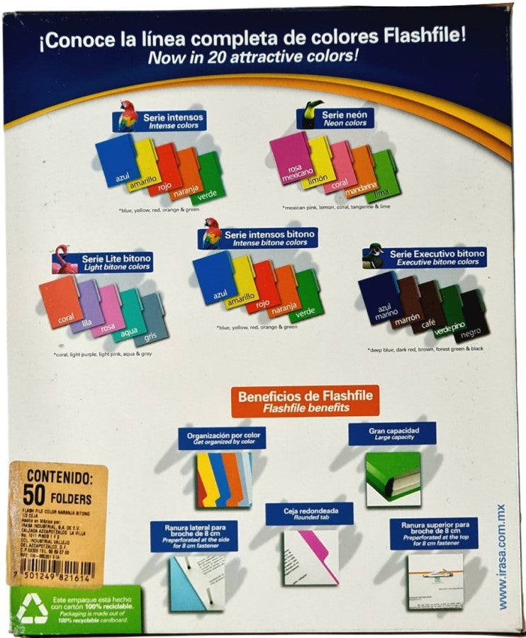 Fólder Bitono FlashFile® Intensos pack c/50 Naranja Intenso Carta Irasa® FF-2161 Paquete 75012498216