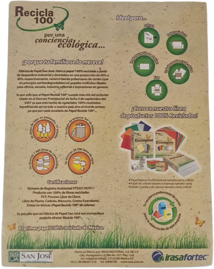 Papel Bond Color Recicla 100 c/100 Colores Intenso Carta Irasa® HC-2050 Cien hojas 7501249820501 02