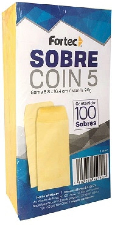 Sobre Bolsa Coin 5 paquete c/100 90g 60kg Manila 8.8×16.4 Fortec® S05MG Caja 7502278541122