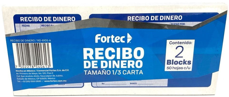 Block Recibos de Dinero paquete c/2 D 50 Juegos 1/3 Carta Fortec® RD-6105-A 7502278540613