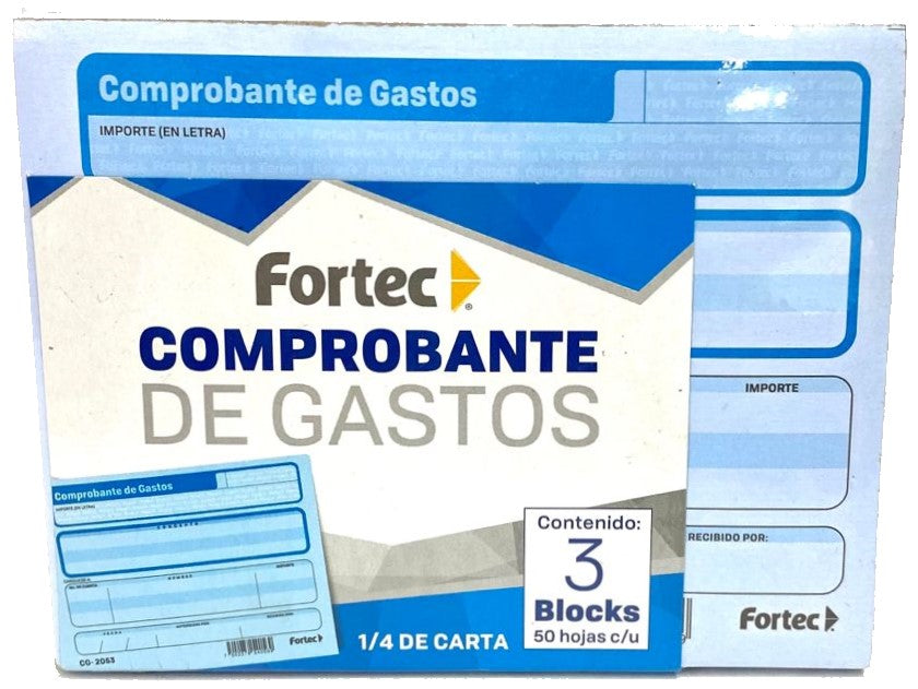 Block Comprobante Gastos paquete c/3 50 hojas ¼ Carta Fortec® CG-2053 Pieza 7502278540569