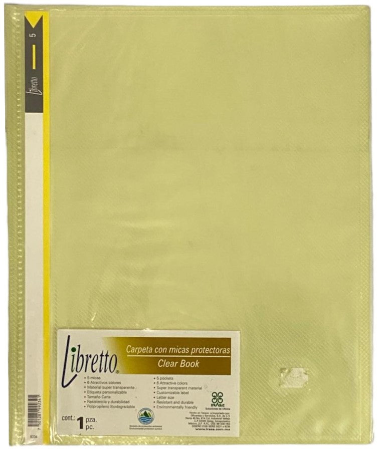 Carpeta PlásticaMultimica Libretto 5/Protectores Amarillo Carta Irasa® LB-9234 Pieza 7501281992341 0