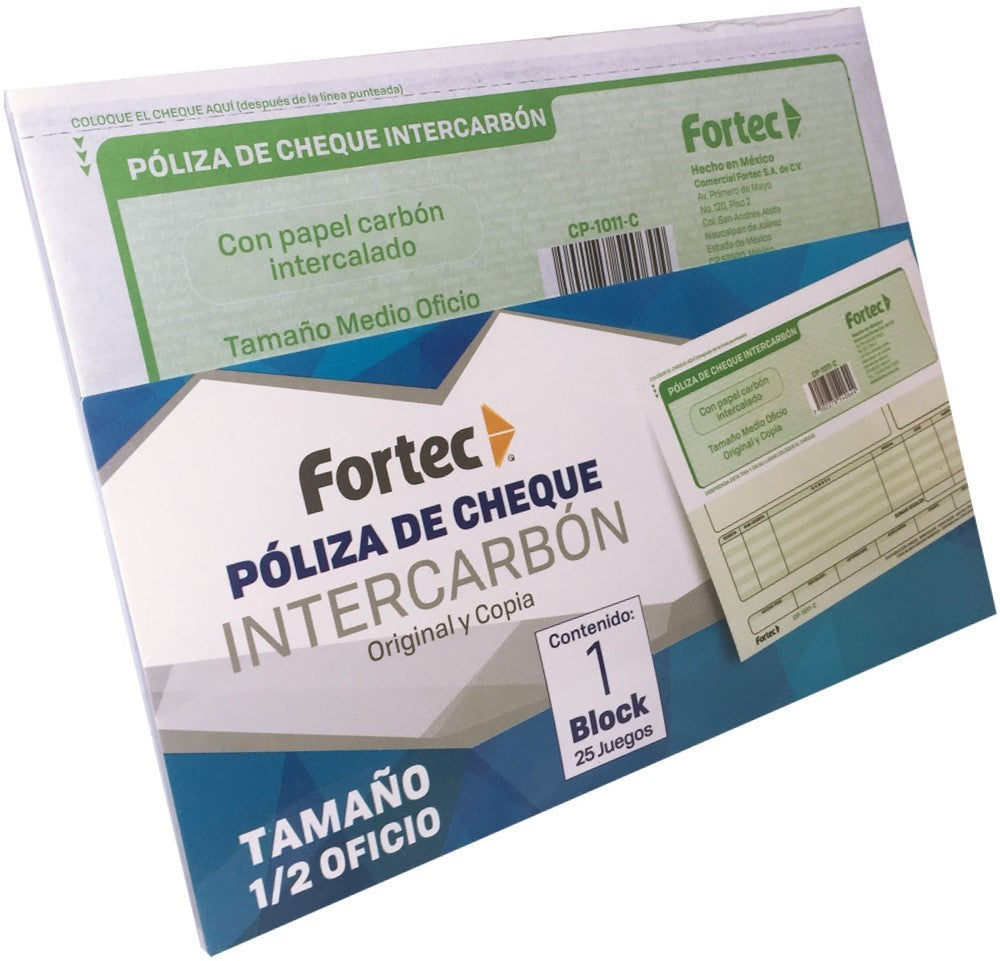 Block Póliza Cheques c/Carbón C 25 Juegos ½ Oficio Fortec® CP-1011-C [Pieza] 7501281971865