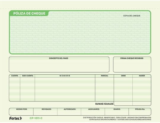 Block Póliza Cheques c/Carbón C 25 Juegos ½ Oficio Fortec® CP-1011-C [Pieza] 7501281971865 2