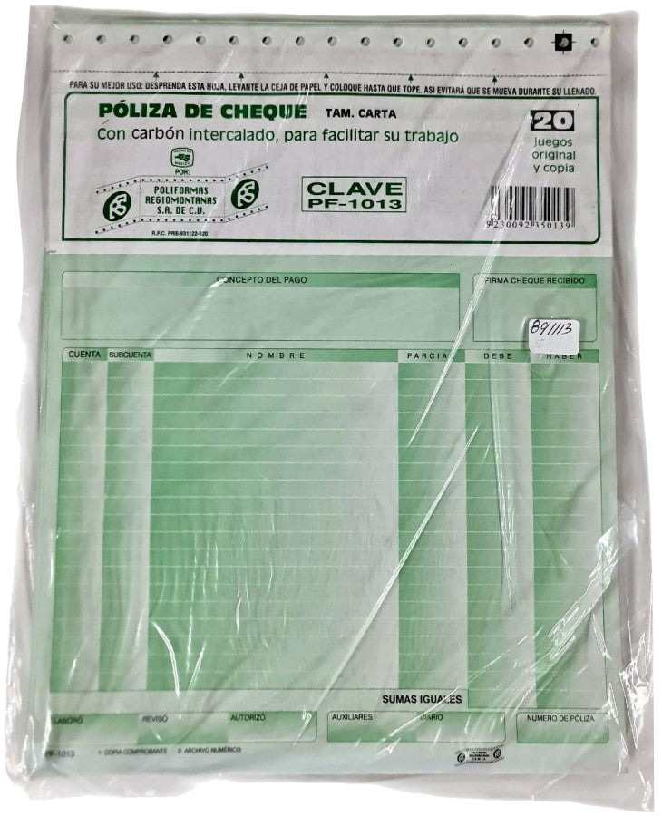 Block Póliza Cheques c/Carbón C 20 Juegos Carta Poliformas® PF-1013 [Pieza] 7501281971872