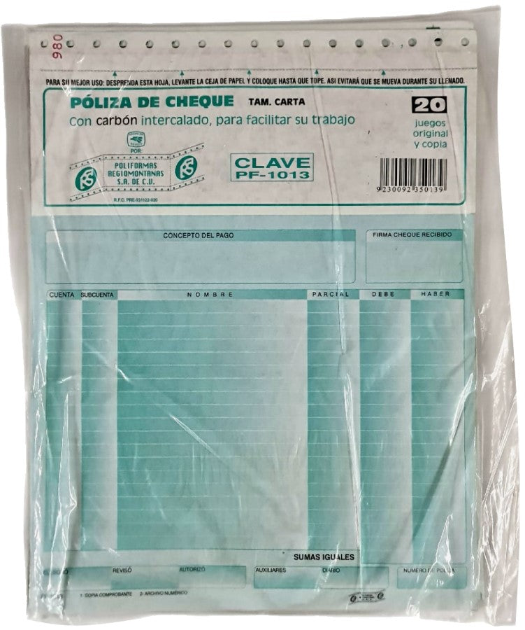 Block Póliza Cheques c/Carbón C 20 Juegos Carta Poliformas® PF-1013 [Pieza] 7501281971872 2