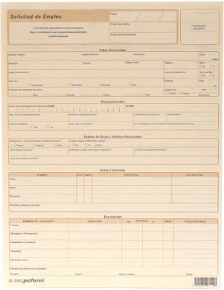Block Solicitud de Empleo Paquete 2 Blocks 25 hojas x bloc Carta pcform® SE-2002 [Paquete] 7501281971193