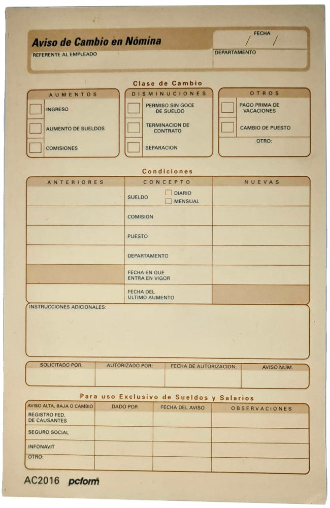 Block Auxiliar Aviso Cambio de Nomina 25 Juegos ½ Carta pcform® 2016 [Pieza]