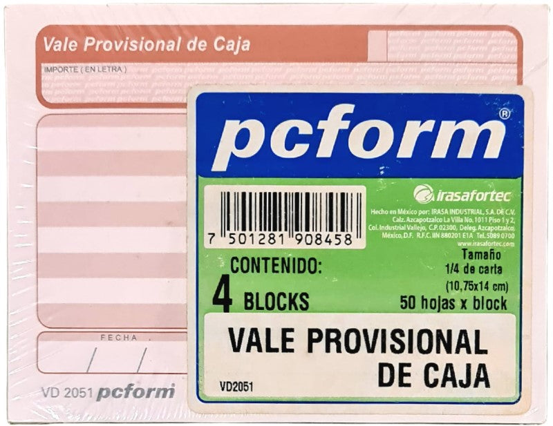 Block Vale Provisional de Caja c/4 50 hojas ¼ Carta pcform® VD 2051 [Paquete] 7501281908458