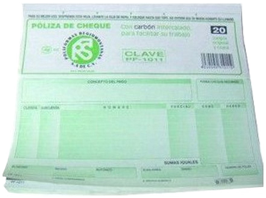 Block Póliza Cheques c/Carbón C 20 Juegos ½ Oficio Poliformas® PF-1011 [Pieza] 7502278540644