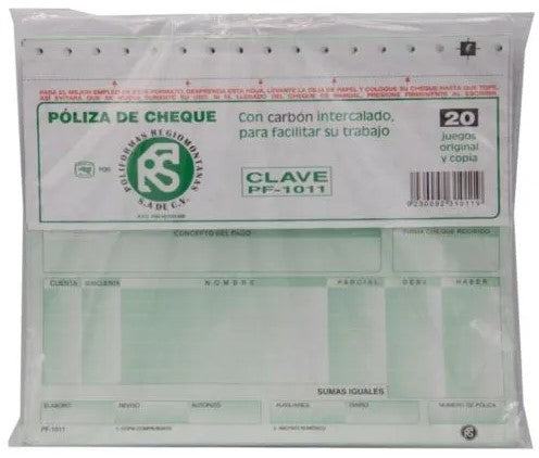 Block Póliza Cheques c/Carbón C 20 Juegos ½ Oficio Poliformas® PF-1011 [Pieza] 7502278540644 2