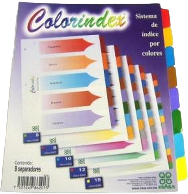 Separador Hojas p/Carpeta Coloríndex c/Indice c/8 Blanco colorTap Carta Irasa® 6201 [Bolsa de plástico] 7501249862013