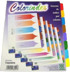 Separador Hojas p/Carpeta Coloríndex c/Indice c/8 Blanco colorTap Carta Irasa® 6201 [Bolsa de plástico] 7501249862013