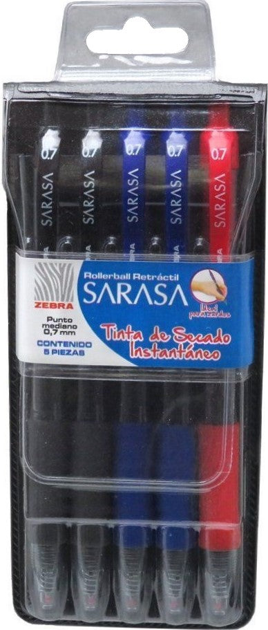 Bolígrafo Retráctil Gel Sarasa c/5 2-Negro,1-Rojo ,2-Azul Medio .7mm Zebra® 8806 Estuche 7501901688067