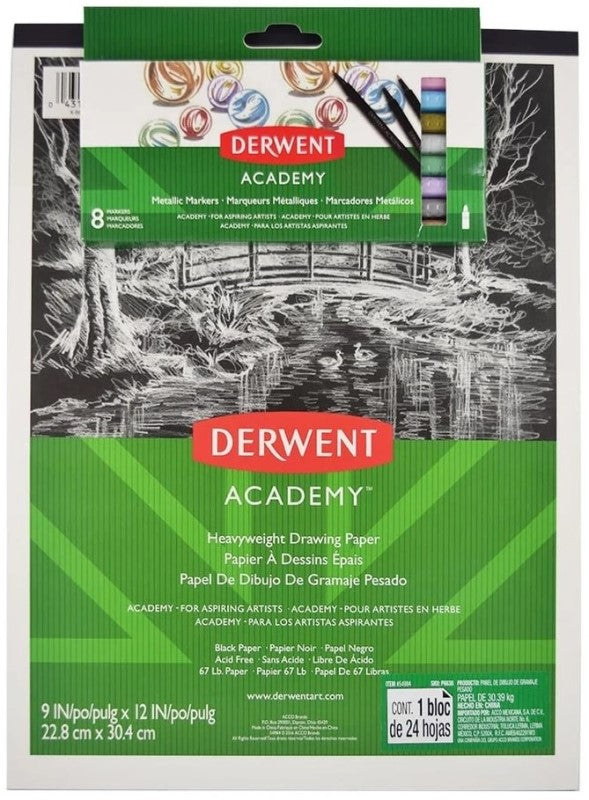 Set Dibujo Block p/Negro + 8 Marcado Metálicos 9×12” 24hj Derwent® [Conjunto] 7501139201359