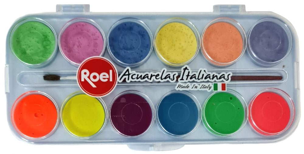 Pintura Acuarela Estuche Aperlada y Fluorescente c/12 Colores Roel® ETC000705 [Estuche] 7501858998684