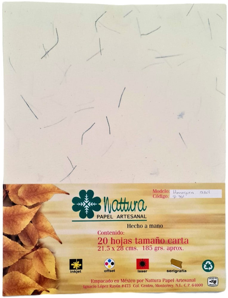 Papel Hecho a Mano Crema c/Henequén Azul 185g c/20 Hojas Carta Nattura® PEX1+701 Paquete 01