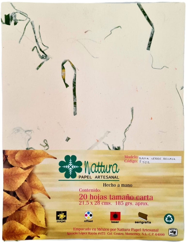 Papel Hecho a Mano Crema c/Rafia Verde 185g c/20 Hojas Carta Nattura® PEX1+502 Paquete 01