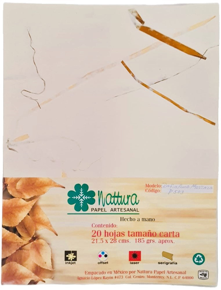 Papel Hecho a Mano Crema c/Rafia Mostaza 185g c/20 Hojas Carta Nattura® PEX1+503 Paquete 01