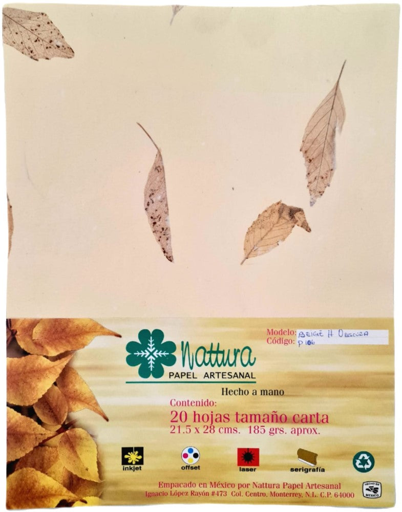 Papel Hecho a Mano Beige c/Hoja Oscura 185g c/20 Hojas Carta Nattura® PEX1+106 Paquete 01