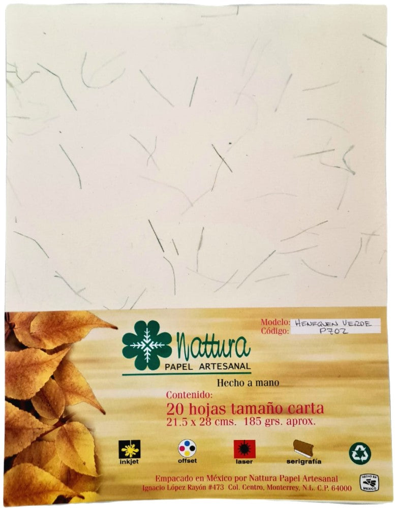 Papel Hecho a Mano Crema c/Henequén Verde 185g c/20 Hojas Carta Nattura® PEX1+702 Paquete 01