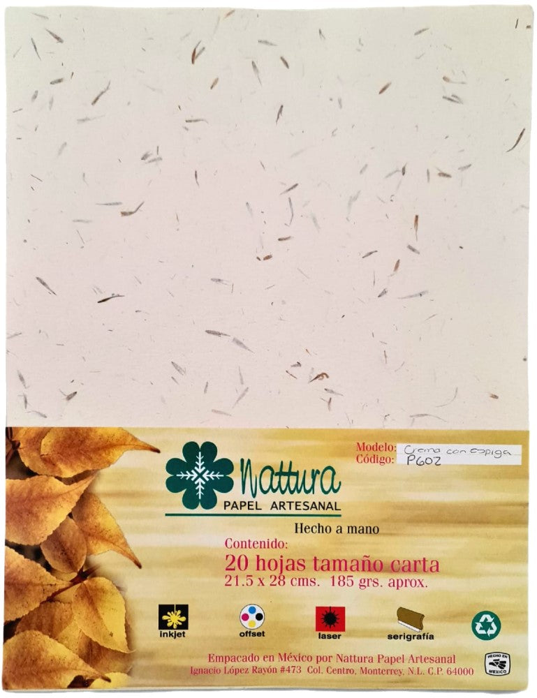 Papel Hecho a Mano Crema c/Espiga 185g c/20 Hojas Carta Nattura® PEX1+602 Paquete 01