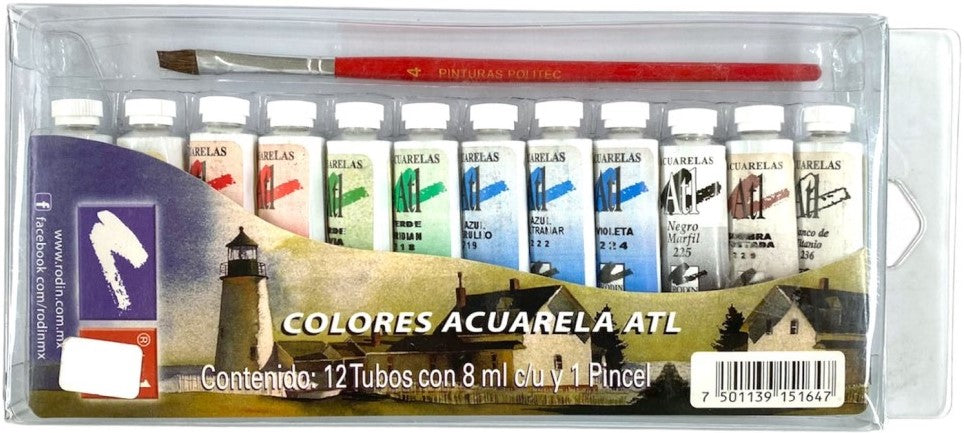 Pintura Acuarela Estuche c/Pincel 8ml Colores c/12 tubos Atl® [Estuche] 7501139151647