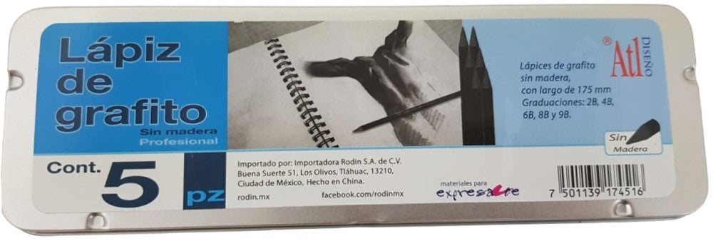 Lápiz p/Dibujo Estuche Grafito Estuche Metálico c/5 2B,4B,6B,8B,9B Sintético Rodin® 4516 [Estuche] 7501139174516 2