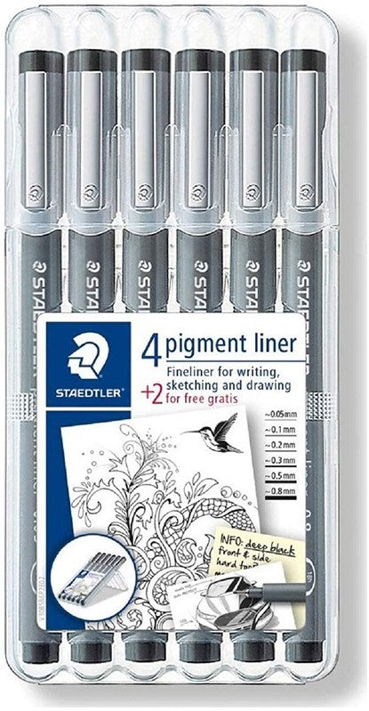 Estilógrafo Desechable pigment line.05,1,2,3,5,8 c/6 Negro Staedtler® 308 SB6P Estuche 4007817308356