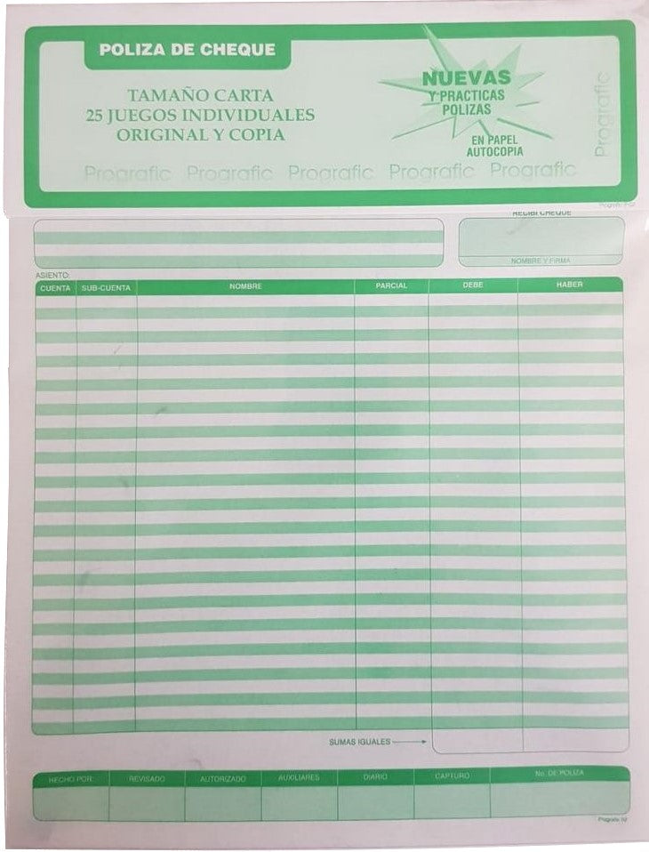 Block Póliza Cheques Autocopia A 25 Juegos Carta Prografic® P-02 [Pieza]
