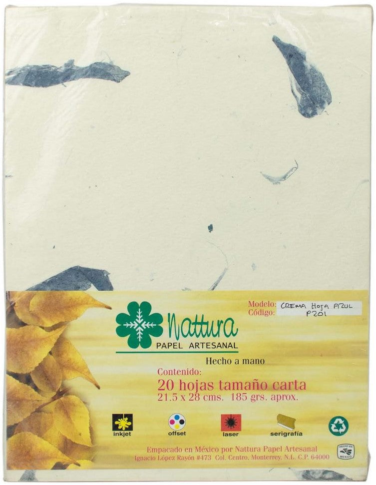 Papel Hecho a Mano Crema c/Hoja Azul 185g c/20 Hojas Carta Nattura® PEX1+201 Paquete 01