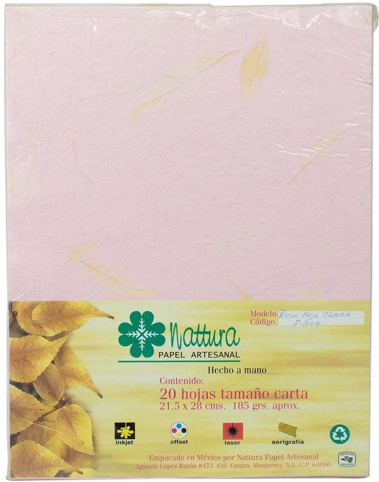 Papel Hecho a Mano Rosa c/Hoja Clara 185g c/20 Hojas Carta Nattura® PEX1+209 Paquete 01