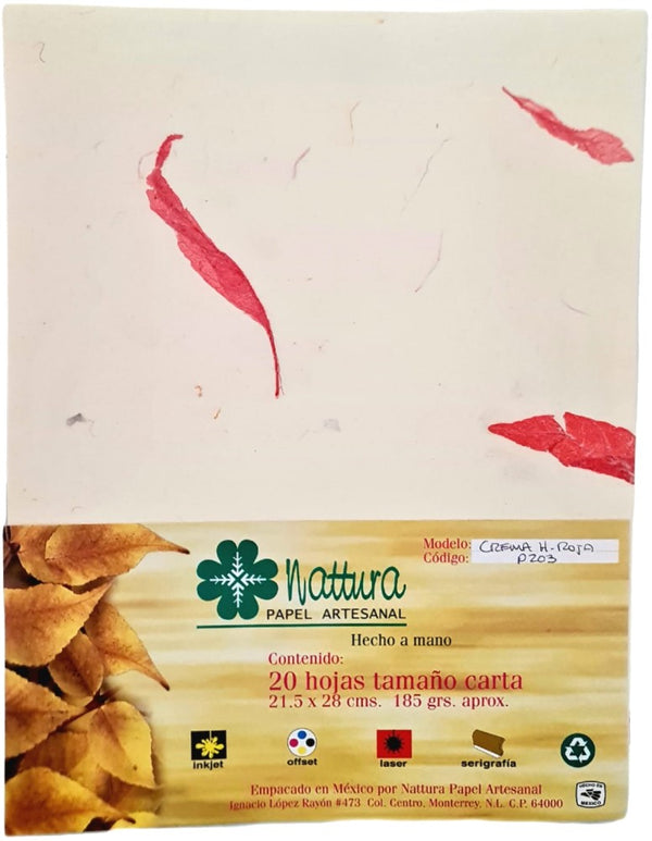 Papel Hecho a Mano Crema c/Hoja Roja 185g c/20 Hojas Carta Nattura® PEX1+203 Paquete 01