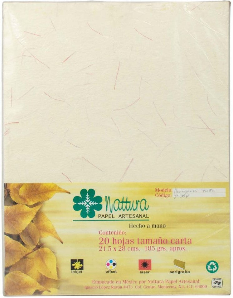 Papel Hecho a Mano Crema c/Henequén Rosa 185g c/20 Hojas Carta Nattura® PEX1+704 Paquete 01