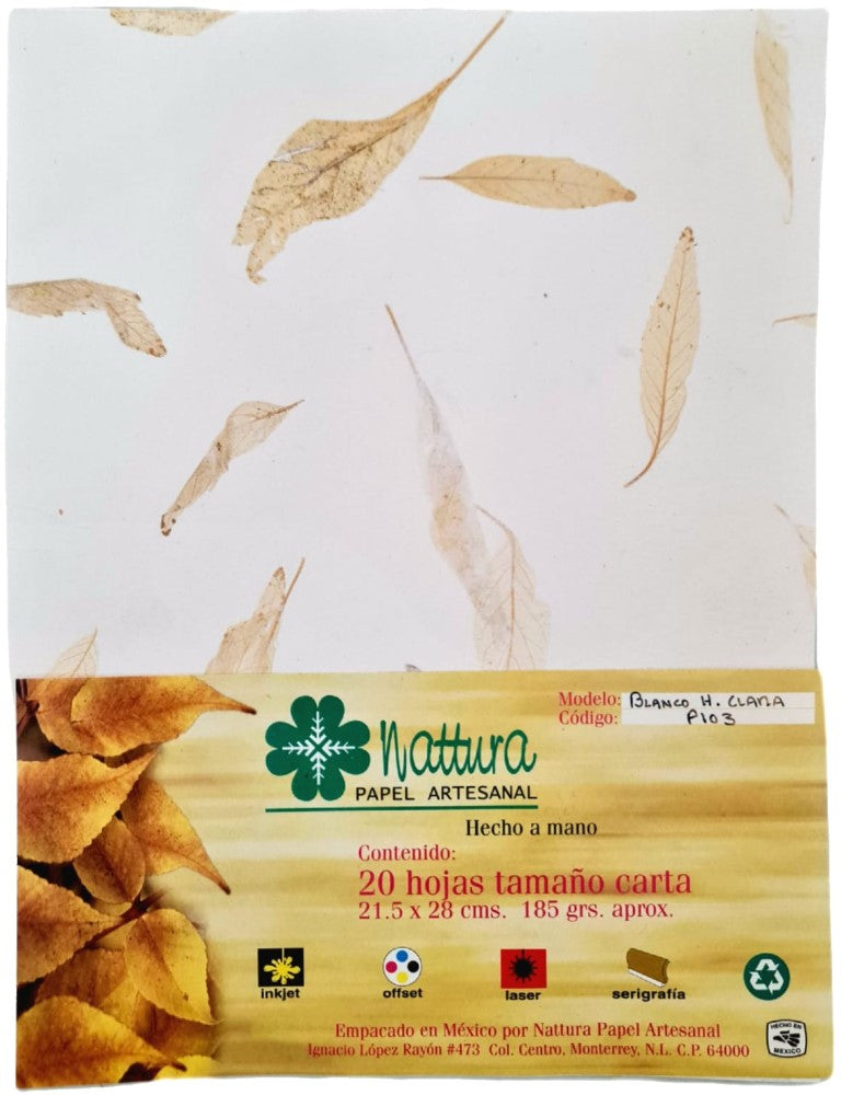 Papel Hecho a Mano Blanco c/Hoja Clara 185g c/20 Hojas Carta Nattura® PEX1+103 Paquete 01