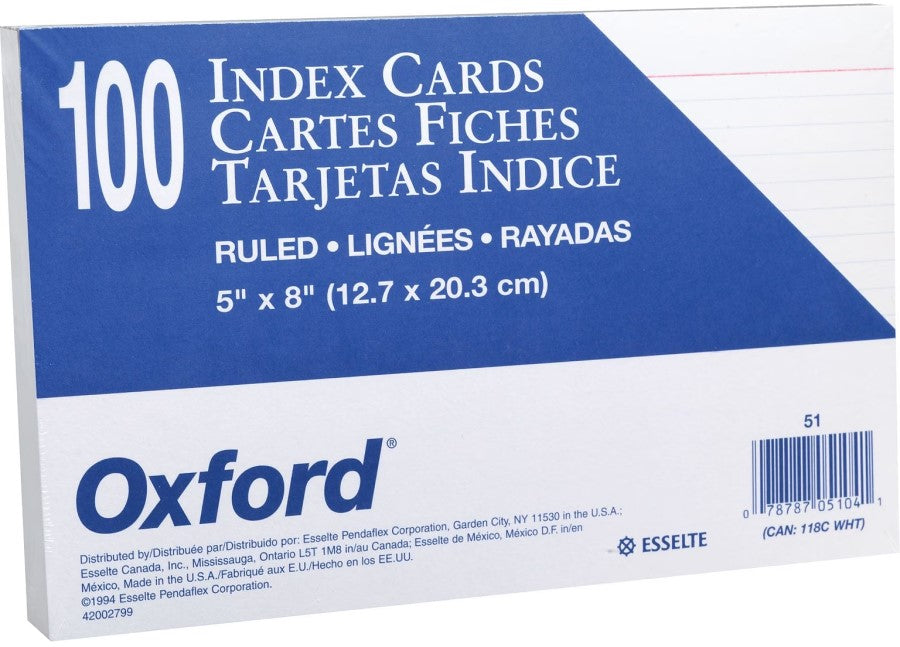 Tarjeta Índice Rayada c/100 Raya 5×8" Oxford® 51 Paquete 78787051041 01