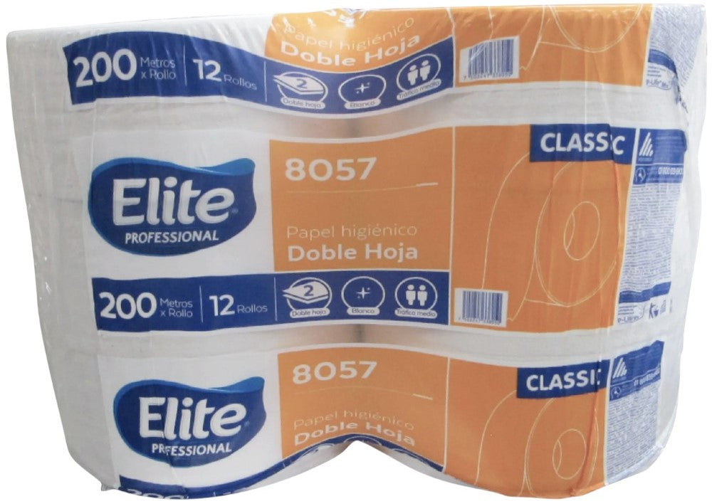 Papel Higiénico Jr. Hoja Doble c/12 Rollos 200m×8.8cm Elite® 8057 [Bolsa] 7502247338050