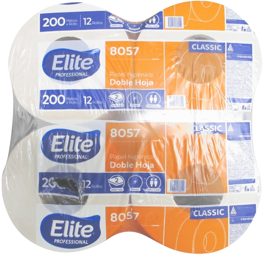 Papel Higiénico Jr. Hoja Doble c/12 Rollos 200m×8.8cm Elite® 8057 [Bolsa] 7502247338050 2