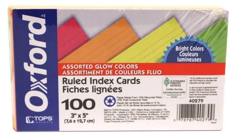 Tarjeta Índice Rayada Paquete c/100 Colores Neón(4) 3×5" Oxford® 40279 Paquete 78787402799 02