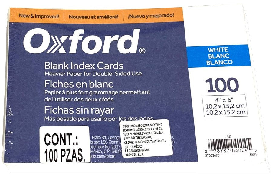 Tarjeta Índice Blanca c/100 Blanco 4×6" Oxford® 40 Paquete 78787040045 01