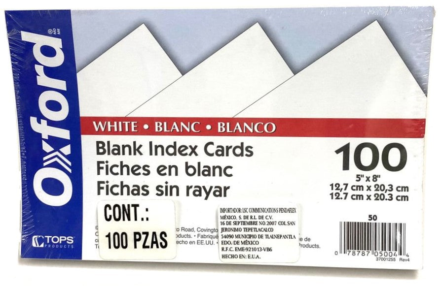 Tarjeta Índice Blanca c/100 Blanco 5×8" Oxford® 50 Paquete 78787050044 01