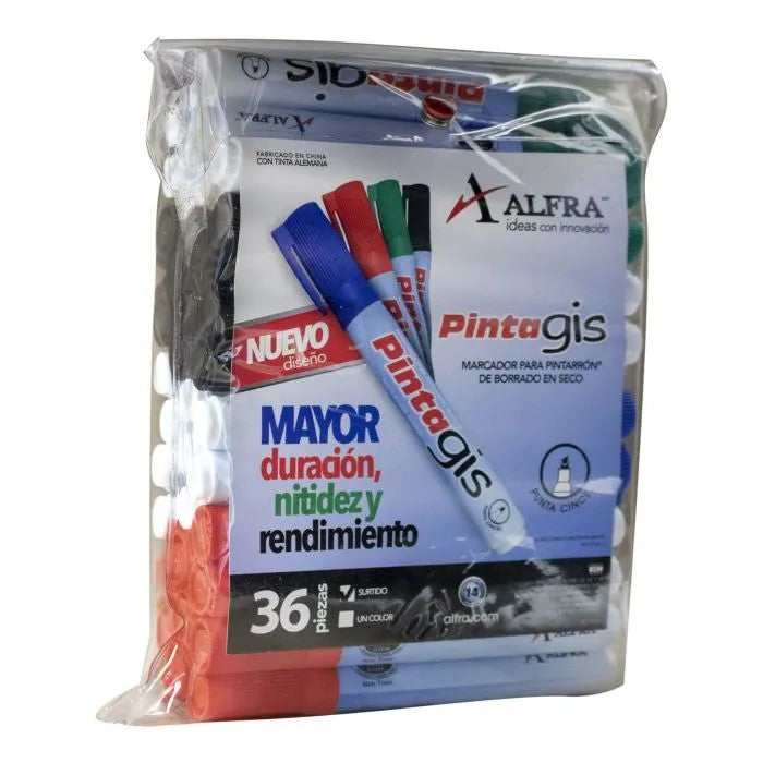 Marcador p/Pizarrón Pintagis Punta Cincel Colores (4) Est.c/36 Alfra® 6607 Bolsa 7501527966075